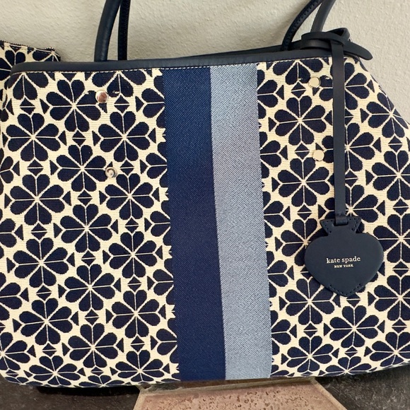 New w/o tags Kate Spade ♠️ Lg Flower Jacquard Stripe Everything Blue Tote 👜 - Picture 3 of 13